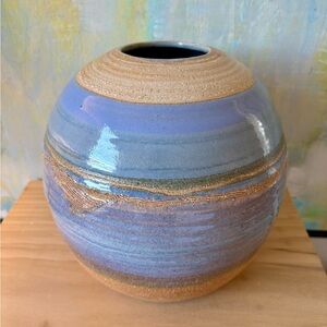 Stunning Large Artisan Blue and Tan Ceramic Art Vase